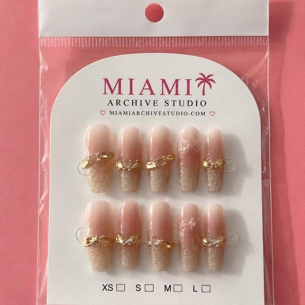 Handmade Nude Glitter Bow Press-On Nails | Gold Coquette French Tips